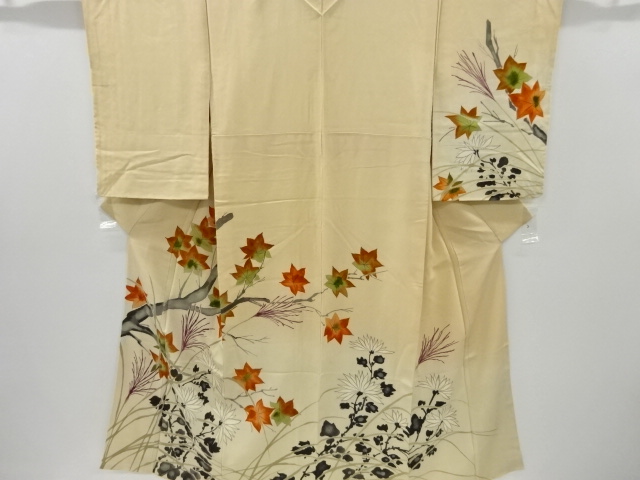 アンティーク　手描き楓に菊芒模様着物